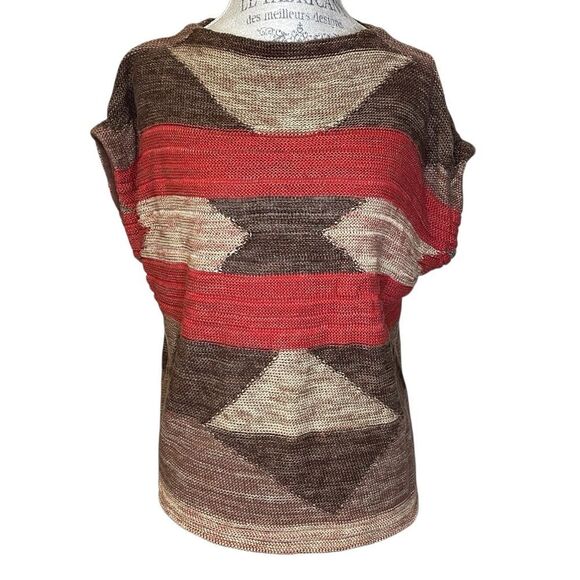 Lauren Ralph Lauren Aztec Geometric Sleeveless Knit Sweater Red Tan Brown S/M - Picture 1 of 11